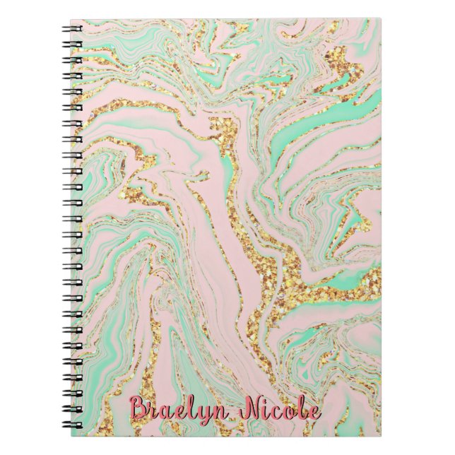 Pink Mint and Gold Marbling Notebook (Front)