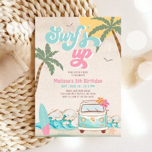 Pink Mint Aqua Girl Surf's Up Surfing Birthday Invitation