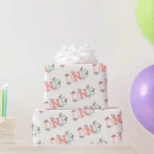 Pink  Mint Baby Ducks One Photo Girl 1st Birthday Wrapping Paper