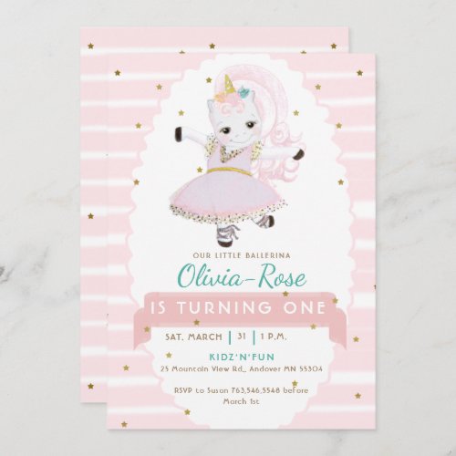  Pink Mint Ballerina Unicorn Gold Girl Birthday Invitation