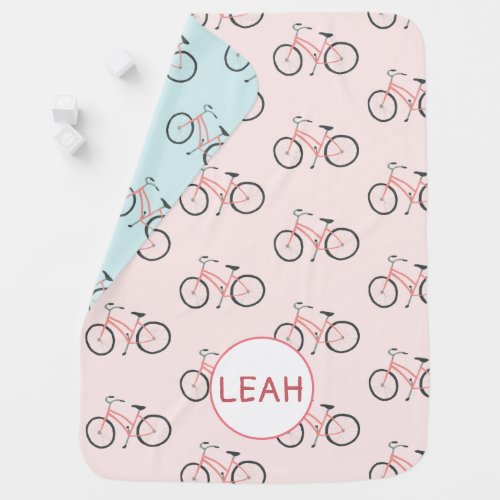 Pink  mint bicycles for a cozy baby monogram baby blanket