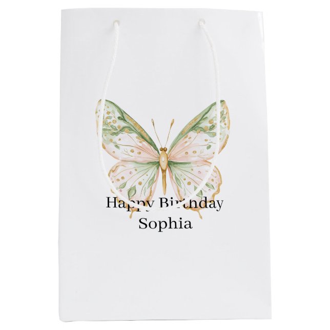 Pink Mint Butterfly Birthday Medium Gift Bag (Front)