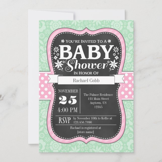Pink Mint Chalkboard Floral Baby Shower Invite (Front)