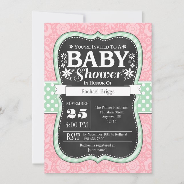 Pink Mint Chalkboard Floral Baby Shower Invite (Front)