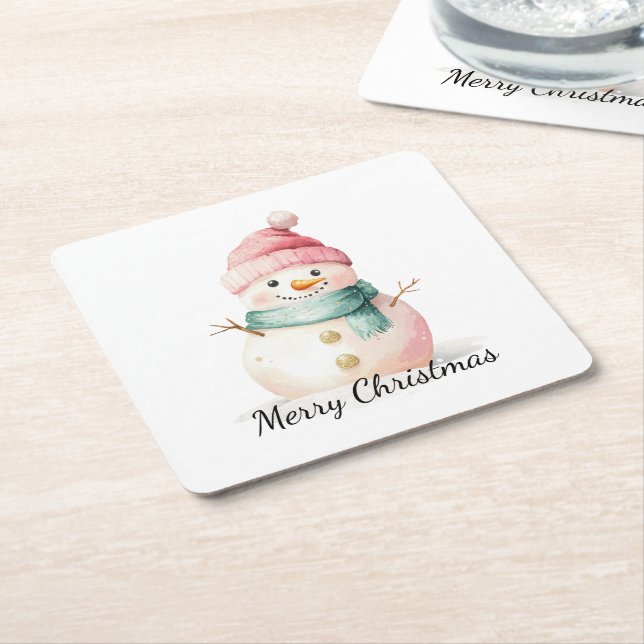 Pink Mint Christmas Snowman Square Paper Coaster (Angled)