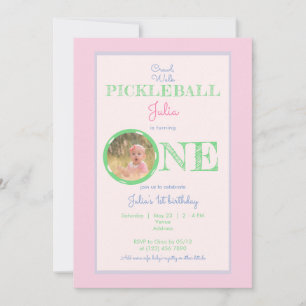 Pink Mint Crawl Walk Pickleball Theme 1st Birthday Invitation
