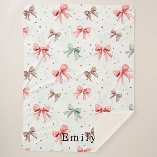 Pink Mint Cream Dots & Bows Christmas   Sherpa Blanket (Front)