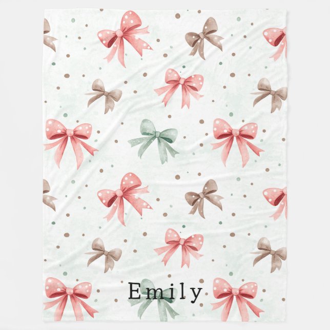 Pink Mint Cream Dots & Bows   Fleece Blanket (Front)