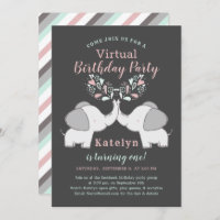 Pink & Mint Cute Elephant Virtual Birthday Party Invitation