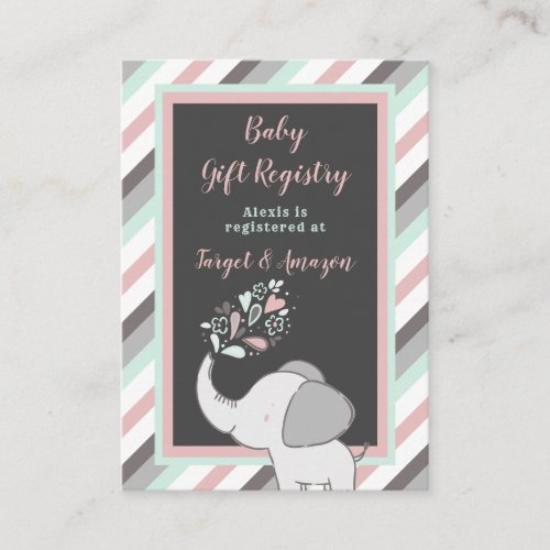 Pink  Mint Elephant Baby Shower Gift Registry Enclosure Card