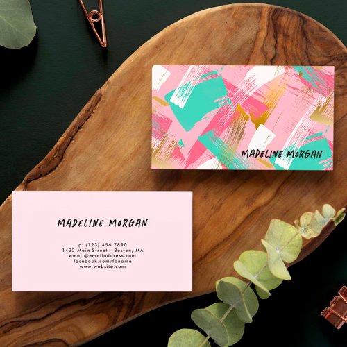 Pink Mint Faux Gold Brush Strokes Abstract Business Card