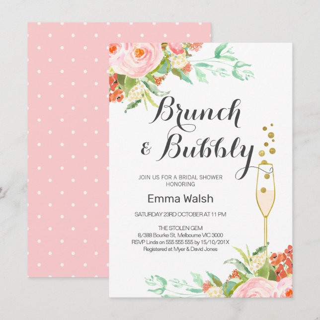 Pink Mint Floral Brunch Bridal Shower Invitation (Front/Back)