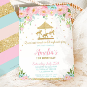 Pink Mint Floral Carousel 1st Birthday Girl Invitation