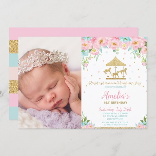 Pink Mint Floral Carousel 1st Birthday Party Photo Invitation