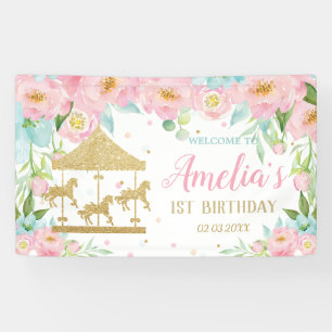 Pink Mint Floral Carousel 1st Birthday Welcome Banner