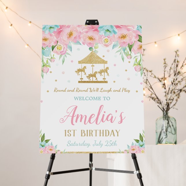 Pink Mint Floral Carousel 1st Birthday Welcome  Foam Board (In Situ (Stand))