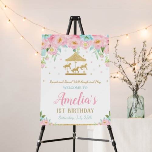 Pink Mint Floral Carousel 1st Birthday Welcome Foam Board