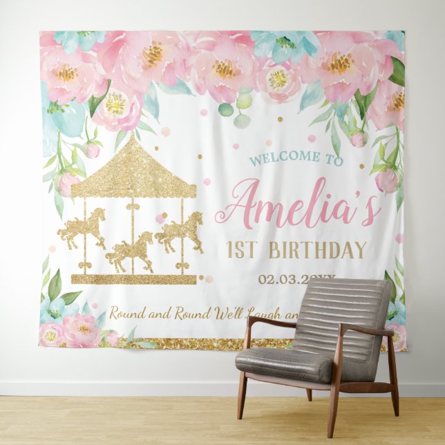 Pink Mint Floral Carousel 1st Birthday Welcome Tapestry (In Situ (Horizontal))