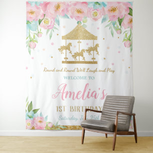 Pink Mint Floral Carousel 1st Birthday Welcome  Tapestry