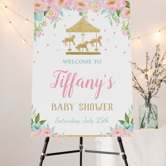 Pink Mint Floral Carousel Baby Shower Welcome  Foam Board (In Situ (Stand))