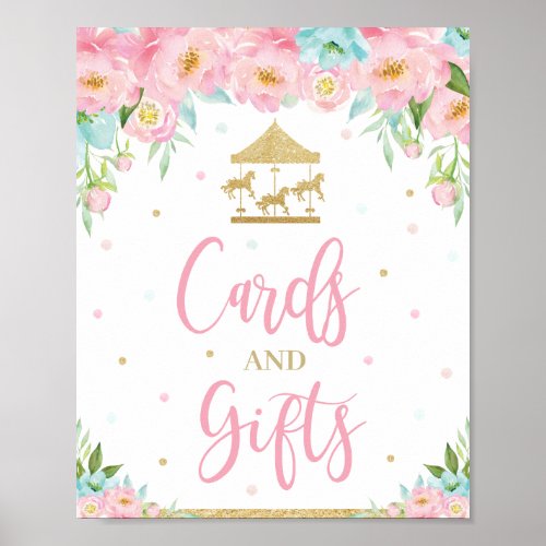 Pink Mint Floral Carousel Birthday Cards and Gifts Poster