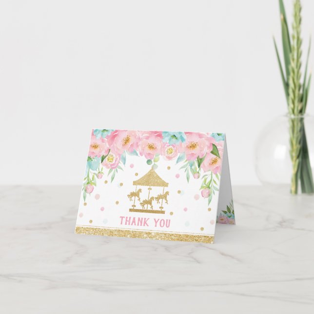 Pink Mint Floral Carousel Birthday Party Thank You Card (Front)