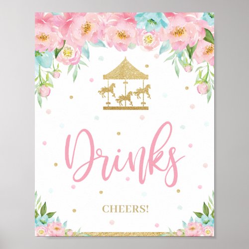 Pink Mint Floral Carousel Birthday Shower Drinks  Poster