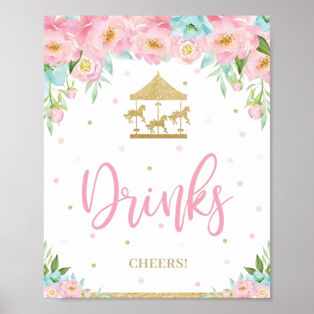 Pink Mint Floral Carousel Birthday Shower Drinks  Poster (Front)