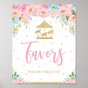Pink Mint Floral Carousel Birthday Shower Favors Poster