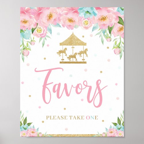 Pink Mint Floral Carousel Birthday Shower Favors  Poster