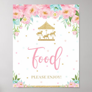 Pink Mint Floral Carousel Birthday Shower Food Poster
