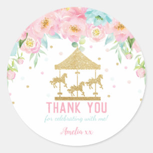 Pink Mint Floral Carousel Birthday Thank You Favor Classic Round Sticker