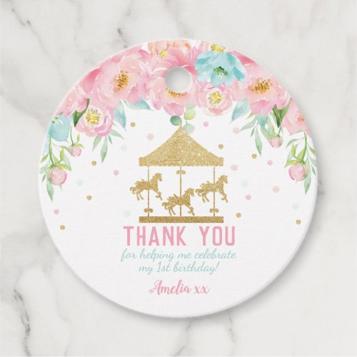 Pink Mint Floral Carousel Birthday Thank You Favor Favor Tags