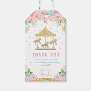 Pink Mint Floral Carousel Birthday Thank You Favor Gift Tags