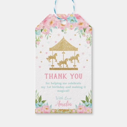 Pink Mint Floral Carousel Birthday Thank You Favor Gift Tags