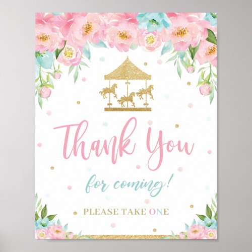 Pink Mint Floral Carousel Birthday Thank You Favor Poster