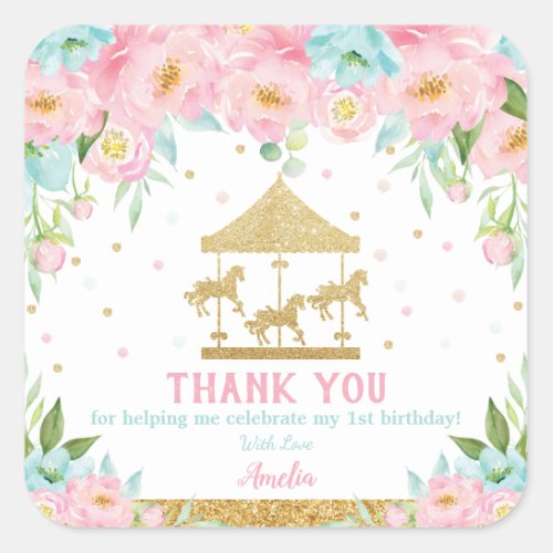 Pink Mint Floral Carousel Birthday Thank You Favor Square Sticker