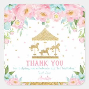 Pink Mint Floral Carousel Birthday Thank You Favor Square Sticker