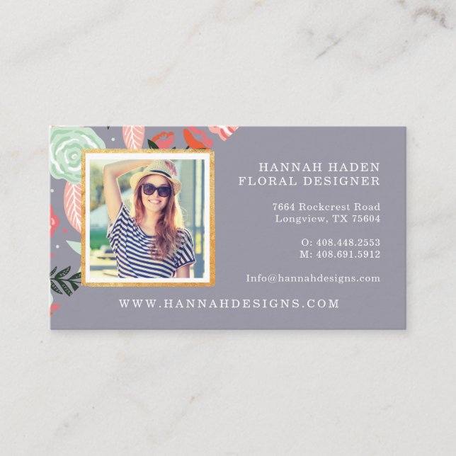 Pink & Mint Floral Garden & Gold Photo Frame Business Card (Front)