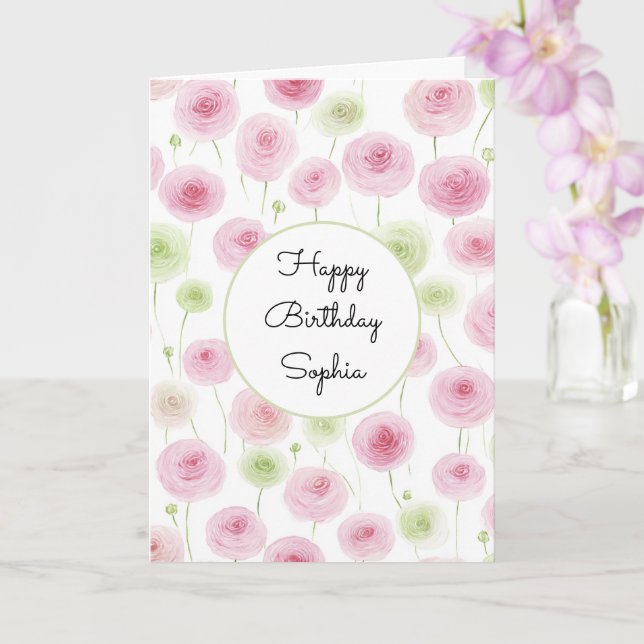 Pink Mint Floral Ranunculus Birthday Card (Orchid)