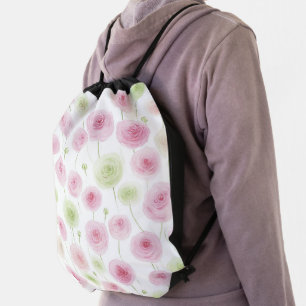 Pink Mint Floral Ranunculus   Drawstring Bag