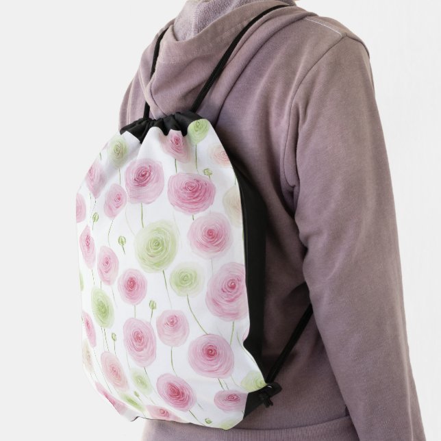 Pink Mint Floral Ranunculus   Drawstring Bag (Insitu)