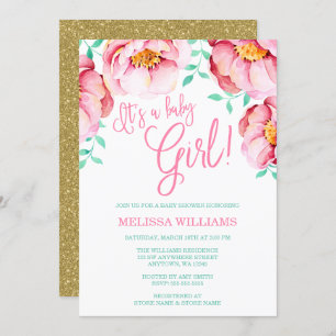 Pink Mint Floral Watercolor Baby Shower Invitation