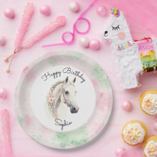 Pink Mint Floral White Horse Birthday Paper Plates