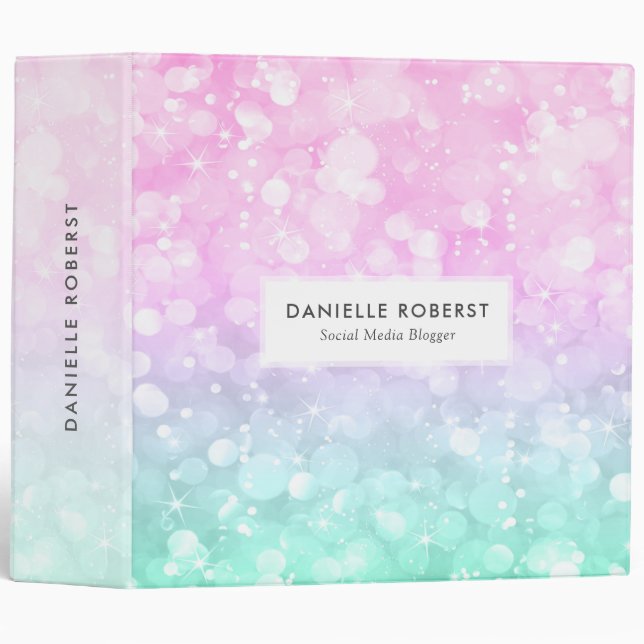 Pink & Mint Girly Bokeh Glitter 3 Ring Binder (Front/Spine)