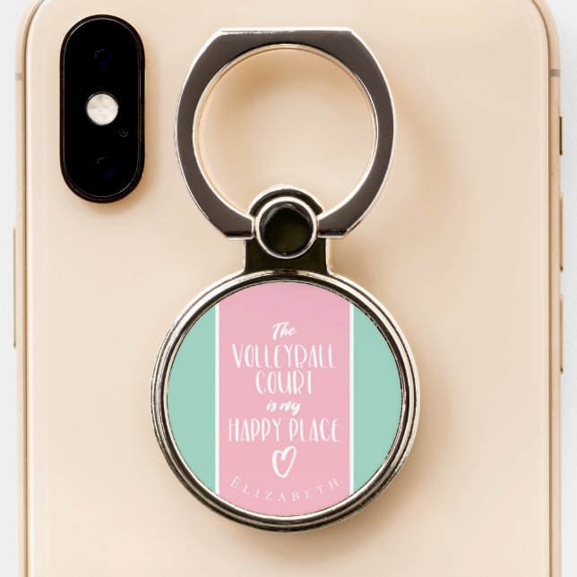 pink mint girly volleyball court is my happy place phone ring stand (Close Up)