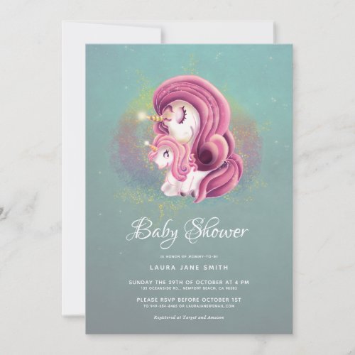 Pink Mint Glitter Whimsical Unicorns Baby Shower Invitation