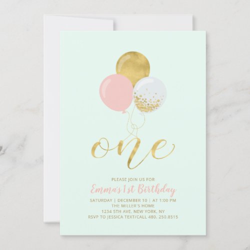 Pink Mint  Gold Balloons 1st Girl Birthday Party Invitation