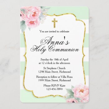 Pink  Mint & Gold Communion Invitation by PrettyLittleInvite at Zazzle