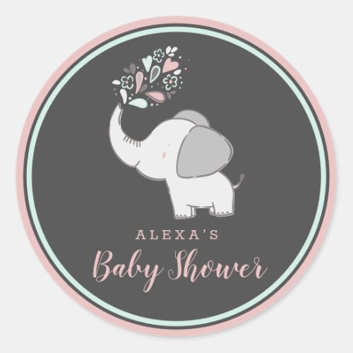 Pink Mint  Gray Elephant Themed Baby Shower Favor Classic Round Sticker